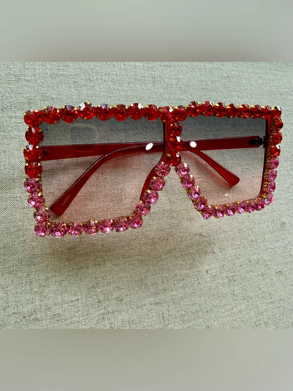 Ombre Red & Pink Rhinestone Oversized Square Sunglasses